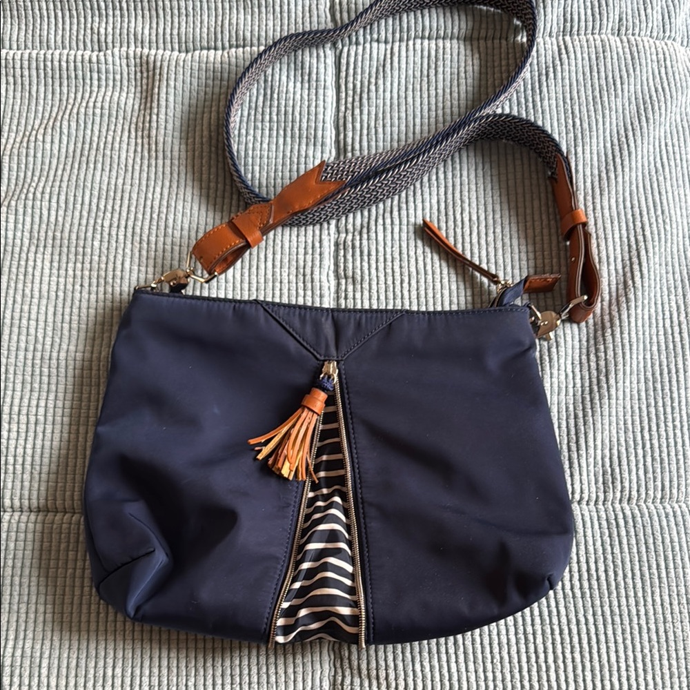 Stella & Dot Blue and Tan Crossbody Bag with Adjustable Strap